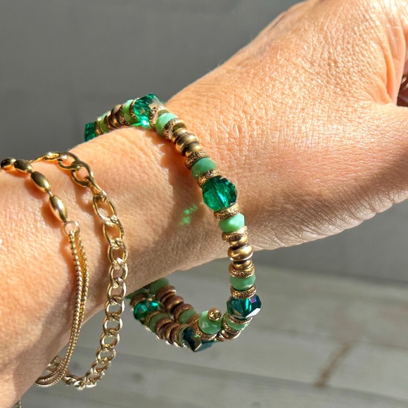 Alex and Ani Beaded Wrap Bracelet in Teal Green and Gold - Picture 1 of 14